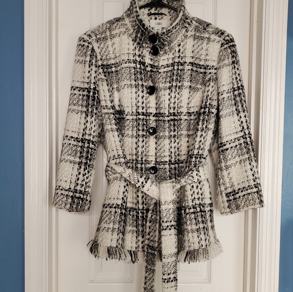 Pea Coat Black White Plaid Wool Blend Belted Fringe Feminine Classic Winter SZ:L - Picture 1 of 10